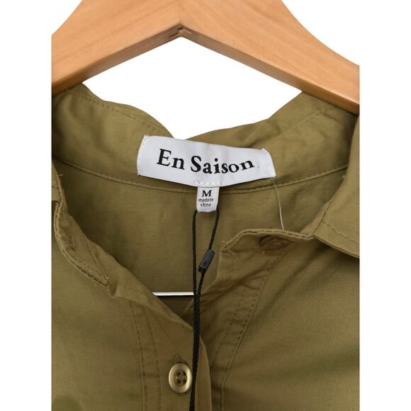 En Saison Olive Mini Shirtdress Button Front Size Medium Long Sleeve Collared - Picture 5 of 7